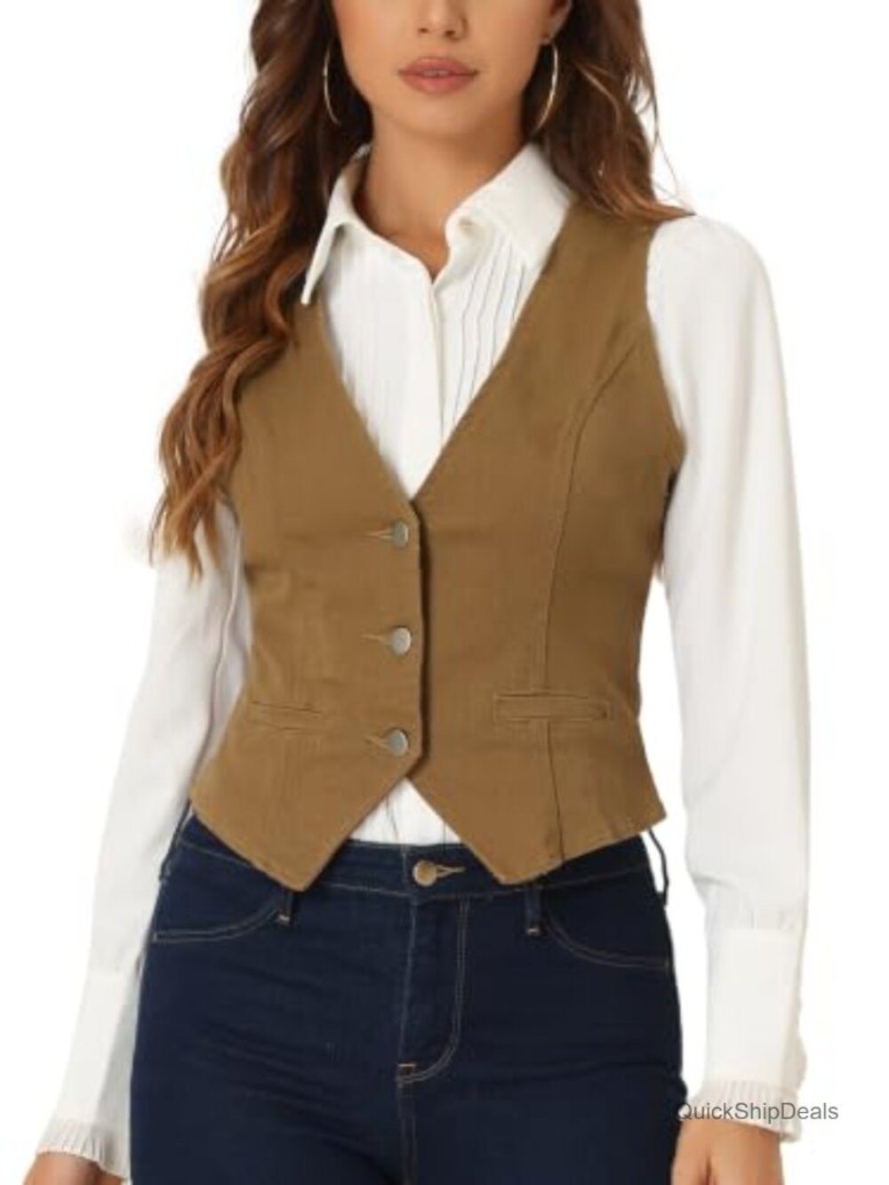 Washed Denim Vest Sleeveless Button Down V Neck Faux Pockets Regular Fit